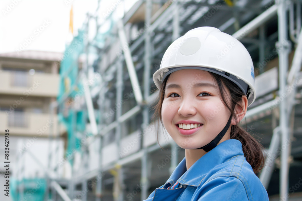 Portrait of a smiling young female engineer wearing a white hard hat and blue work clothes, exuding confidence with a construction site in the background Portrait of a smiling young female engineer wearing a white hard hat and blue work clothes, exuding confidence with a construction site in the background