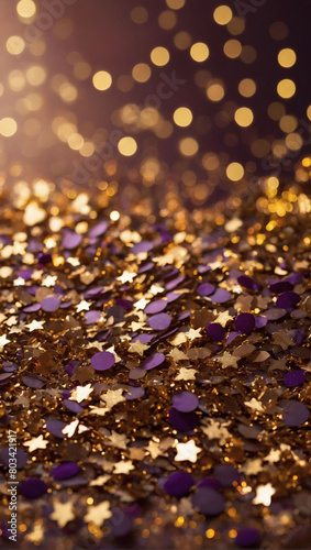 Bronzed-gold and plum abstract glitter confetti bokeh background  resonating with warmth and depth.