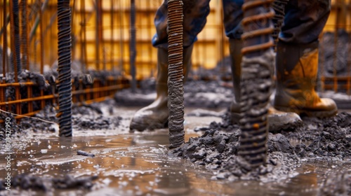Close-up view of concrete reinforcement bars with construction workers in rubber boots standing in wet cement.
