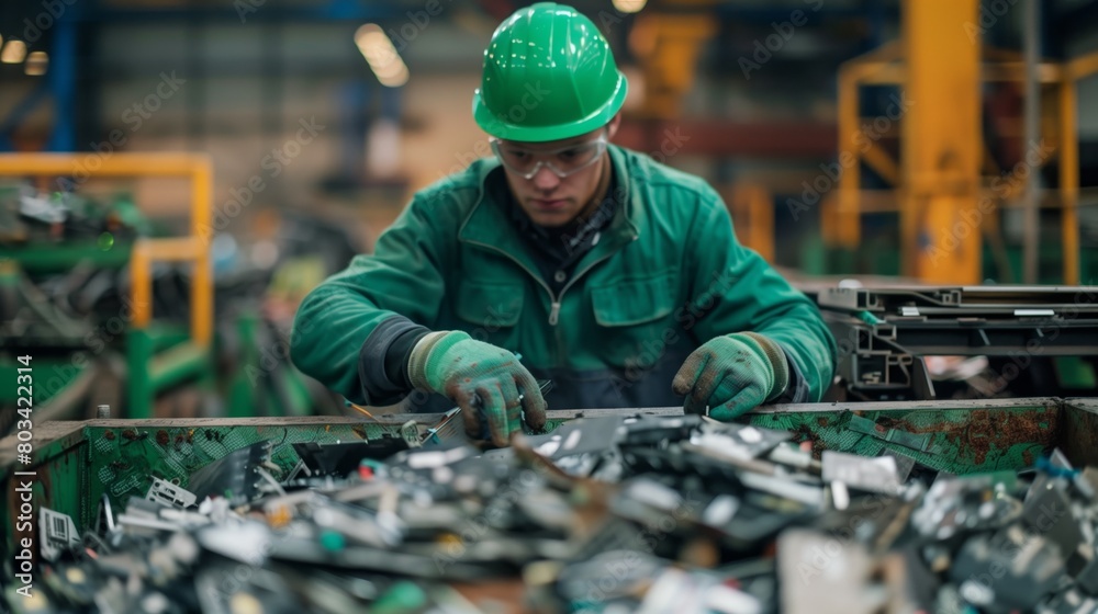 Focused worker in green uniform sorts through electronic waste at a recycling plant.