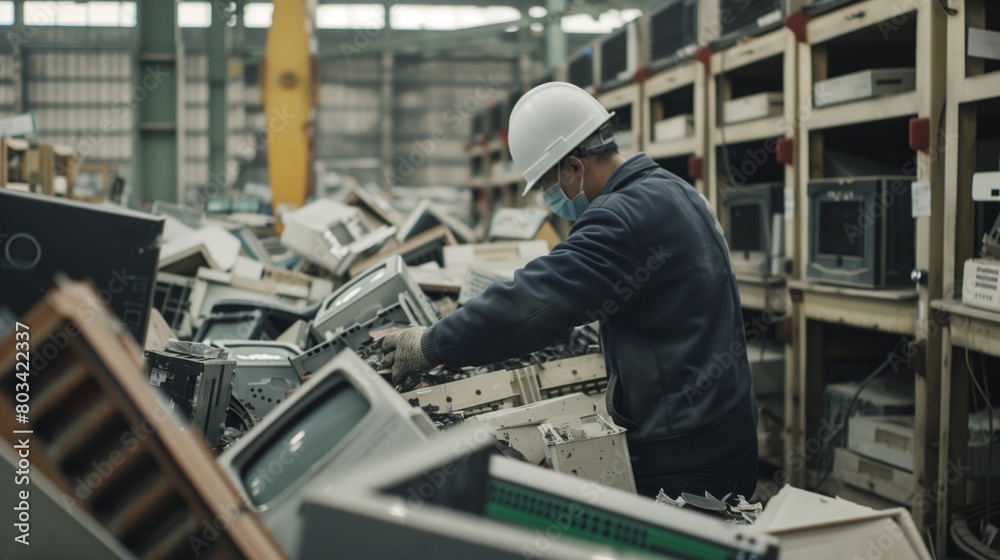 Worker in hard hat and mask sorting through electronic waste in a recycling facility.