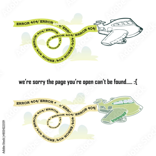 set of air plane cartoon hand draw illustration isolated on white background with error text for erroe landing page
