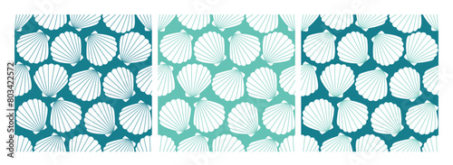 Set of marine ocean exotic minimalistic seamless pattern of sea shells for wallpaper, gift wrapping paper, notebook cover, notepad. Vector illustration EPS10