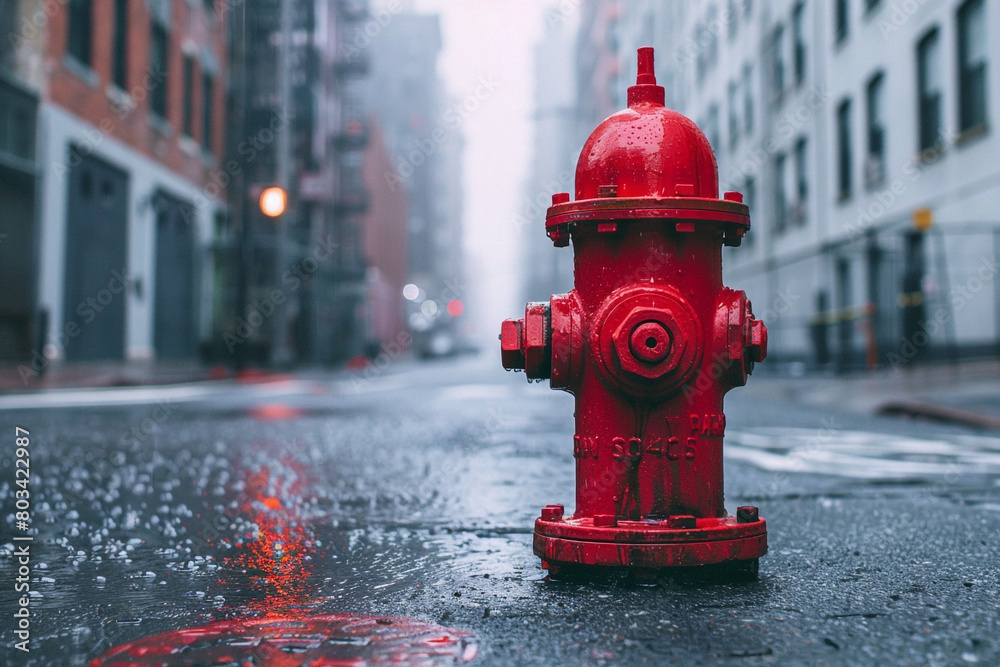 A bright red fire hydrant standing on a quiet city street.