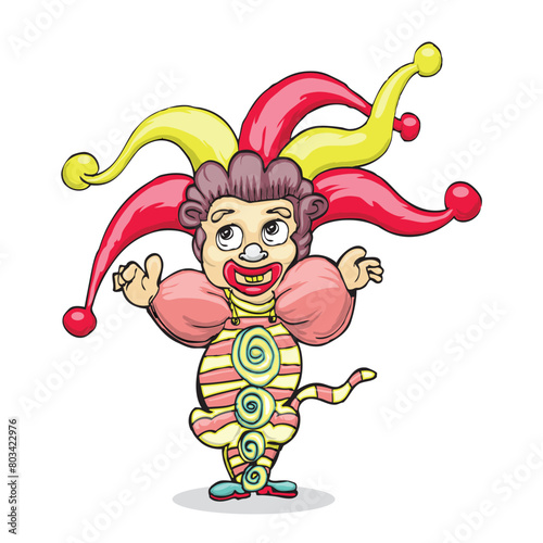 clown vector cartoon illustration in red hat, and striped costume