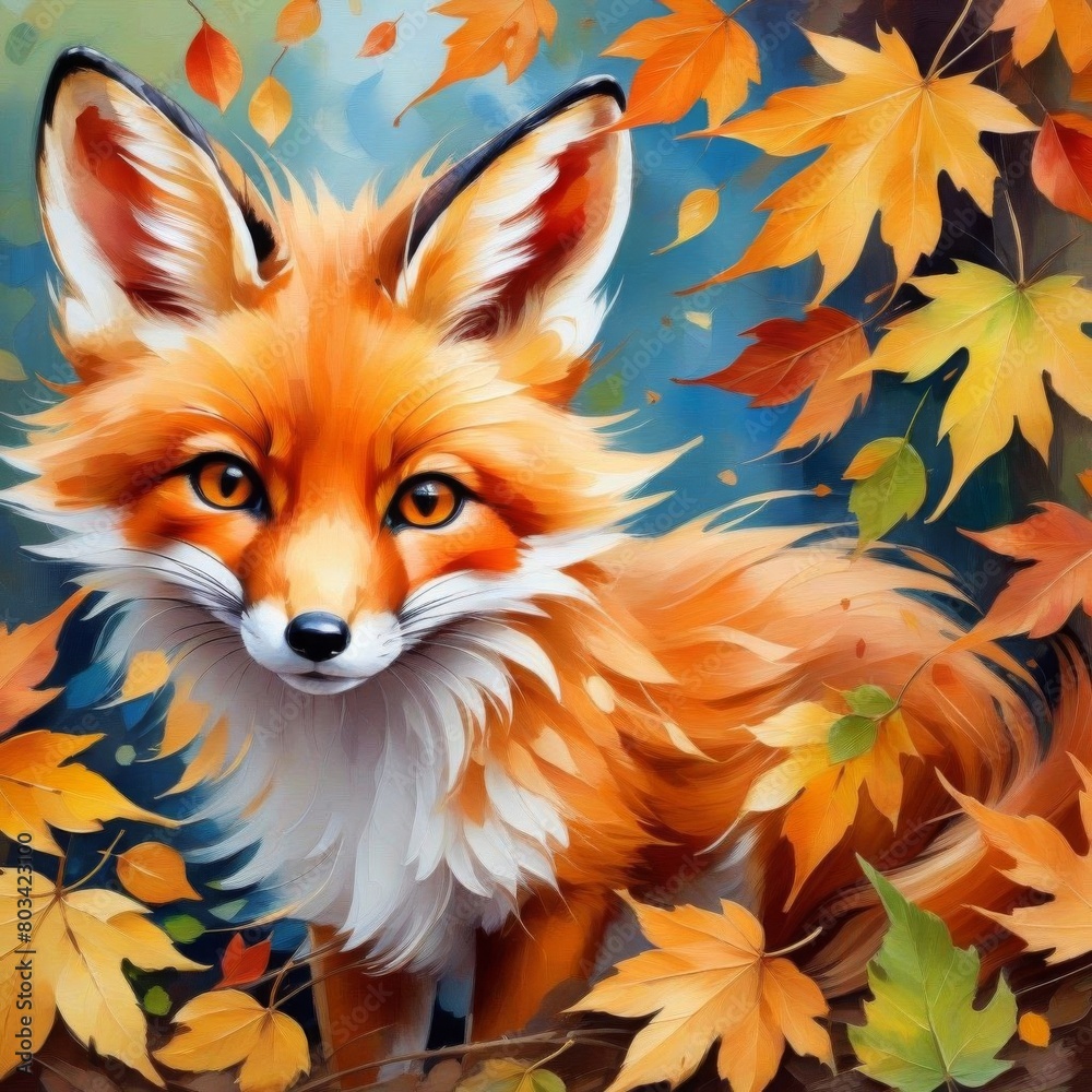 Fox cub with images of ears and cheerful look in autumn leaves Fox cub with images of ears and cheerful look in autumn leaves