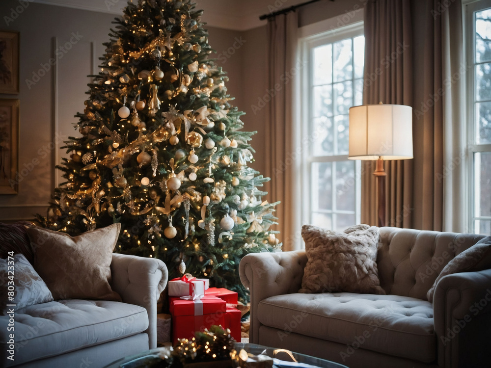 Celebrate the season in style, a cozy living room transformed by Christmas cheer, boasting a magnificent tree, festive decor, and sumptuous blankets and pillows.
