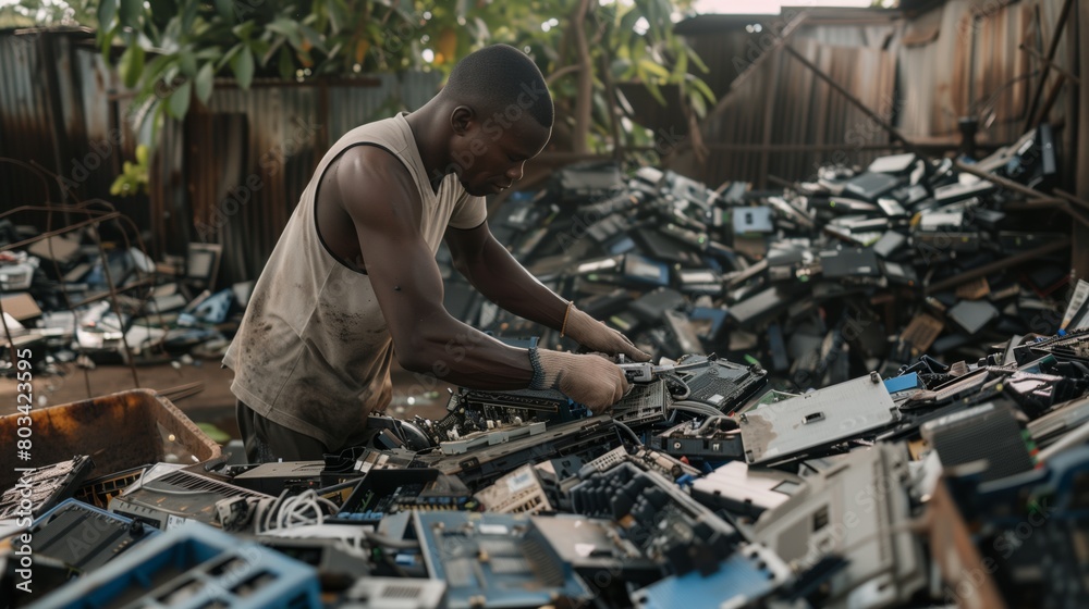 Focused young man sorting through heaps of electronic waste in a cluttered yard.