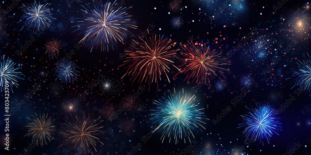Night sky fireworks celebration background. Holiday new year xmas anniversary festival glitter scene view