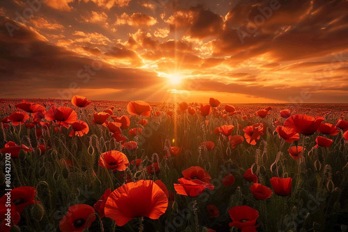 A breathtaking sunset casting a warm glow on a field of golden poppies.
