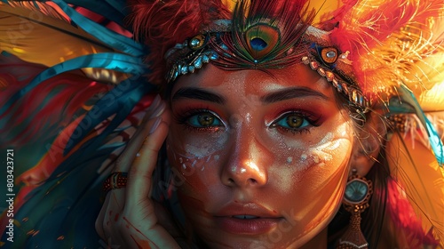 A woman wearing a colorful headdress and makeup