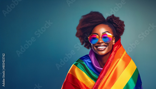 Mujer joven afroamericana, lesbiana orgullosa y sonriente envuelta en bandera con colores LGBTQ+. Ilustración IA generativa. Recurso gráfico tipo pancarta con espacio negativo. 