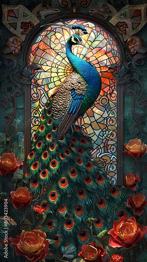 A peacock is standing in front of a window with a rose bush in the background
