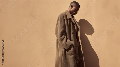 Stylish young Black man in a textured beige overcoat against a plain wall with shadows. photo