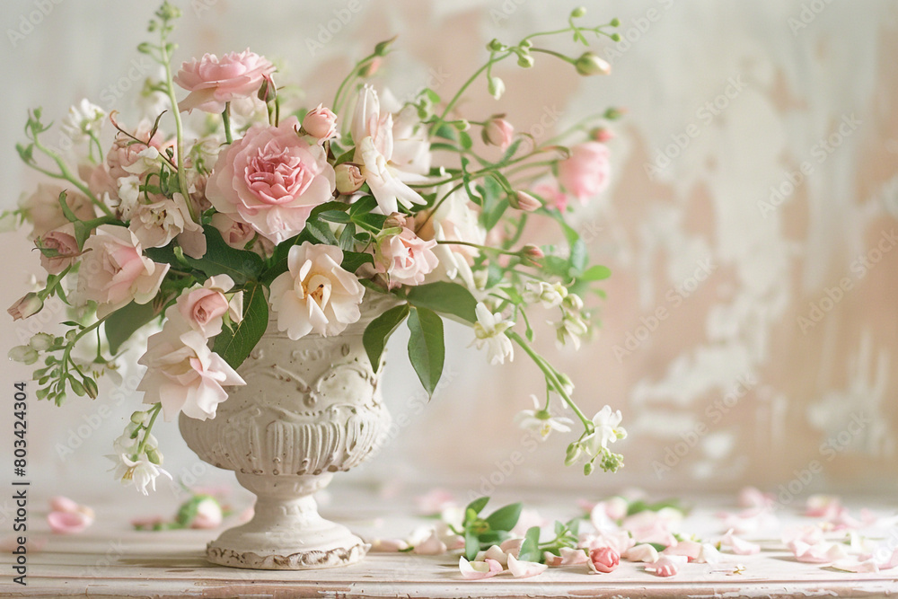 A bouquet of fresh flowers spills out of a delicate, antique vase, their petals and leaves creating a soft, romantic glow. A bouquet of fresh flowers spills out of a delicate, antique vase, their petals and leaves creating a soft, romantic glow.
