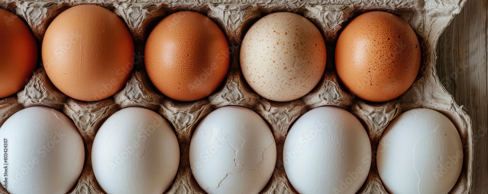 A carton of the fresh and raw brown and white eggs. A carton of the fresh and raw brown and white eggs.