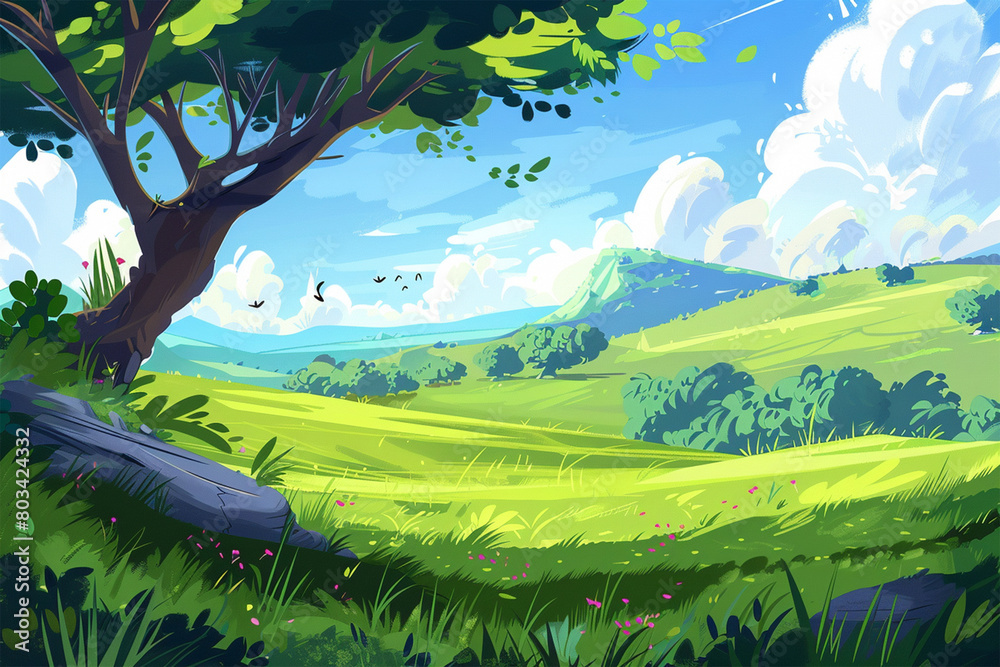 Naklejka premium Illustration of a natural landscape, cartoon-style vector wallpaper background