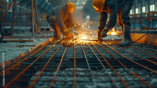 Two construction workers cutting metal with angle grinders, creating bright sparks at a construction site.