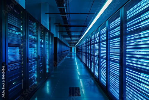 Blue illuminated server racks in a data center hallway. High-performance computing and secure data storage concept. Ideal for visuals related to network architecture and cyber technology.