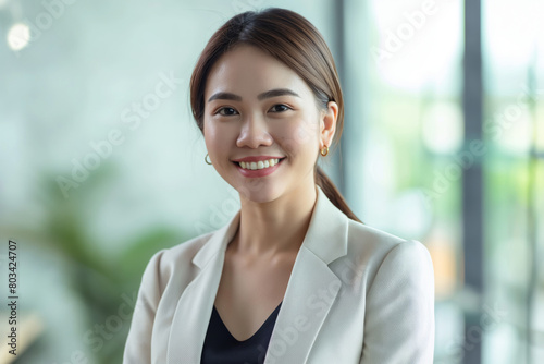 Professional portrait of a smiling  confident asian businesswoman wearing a beige blazer  with an office background  radiating positivity and competence in a corporate environment
