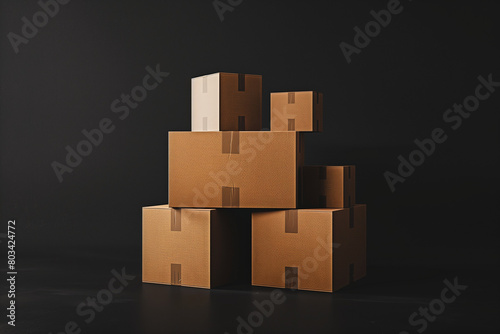 Realistic stack of cardboard boxes on black background logo in white letters, isolated. © Vector