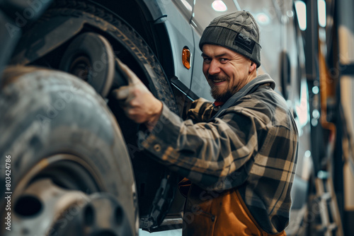 A man working in a car service shop, changing winter tires on a truck or van with a sander. photo