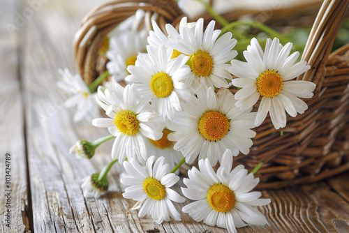 A bouquet of fresh daisies spills out of a wicker basket, their white petals and yellow centers contrasting with the rustic texture of the container.