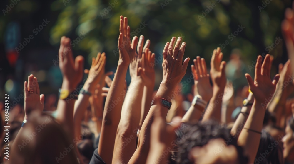 A vibrant photo capturing raised hands of a diverse crowd in a sunny outdoor setting. A vibrant photo capturing raised hands of a diverse crowd in a sunny outdoor setting.
