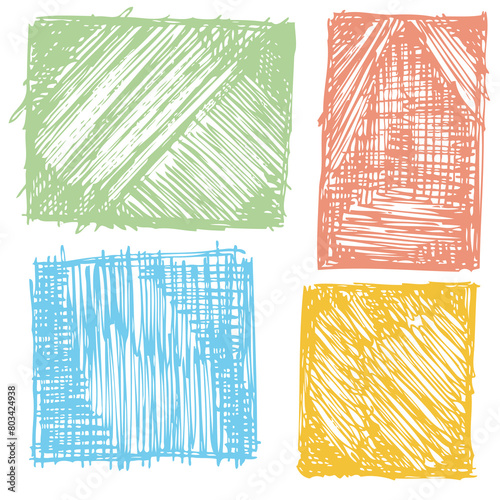 set of grung background from pencil skecthes in red, green, blue and yellow color, isolated on white background