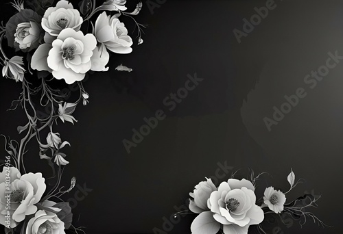 drawing of white flowers on black background for obituary notice, funeral announcement, necrology