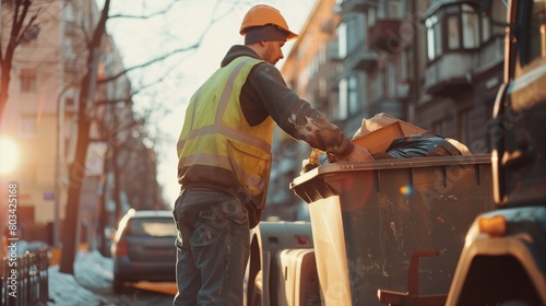 A sanitation worker in reflective gear is sorting trash in a dumpster during sunset.