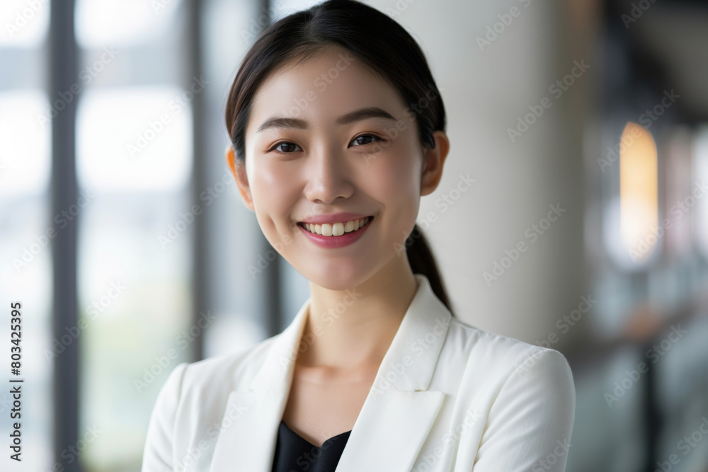 Portrait of a young professional woman smiling with confidence, dressed in a smart white blazer, representing success and positivity in the modern corporate world Portrait of a young professional woman smiling with confidence, dressed in a smart white blazer, representing success and positivity in the modern corporate world