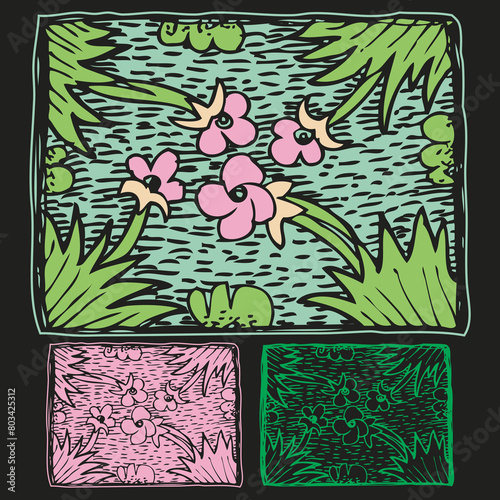 flower plant hand draw ornament in rough pencil sketch style green, pink, on black background