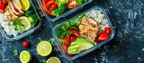 Overhead shot with copy space of meal prep containers featuring chicken, rice, avocado, and vegetables for a healthy green meal.