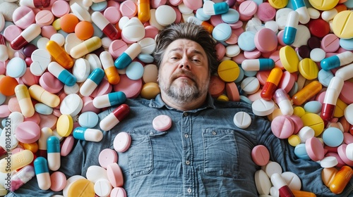 tired man lying on a pile of tablets and pills. Consider exploring healthy habits like sleep hygiene, stress management techniques, and relaxation methods. Generative ai photo