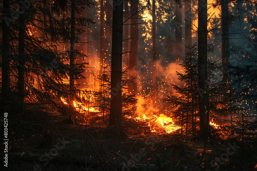 A blazing inferno illuminates the forest