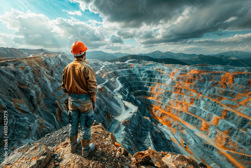 A worker in a hard hat stands on a rocky cliff in front of a quarry