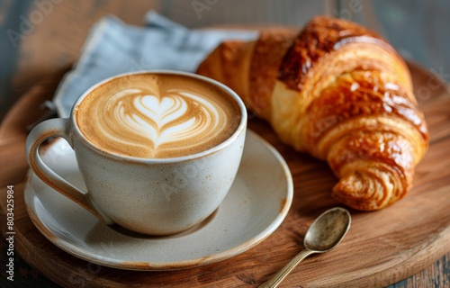 A Cup of Coffee and a Croissant on a Wooden Tray