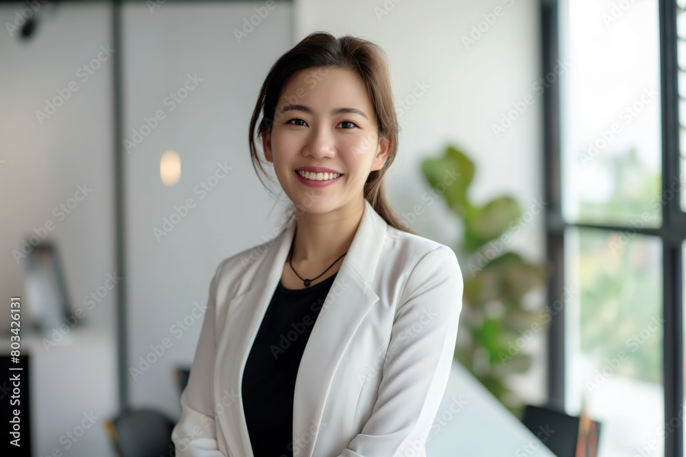Professional young asian businesswoman with a friendly smile, wearing a white blazer, stands confidently in a modern office setting with natural light creating an inviting atmosphere Professional young asian businesswoman with a friendly smile, wearing a white blazer, stands confidently in a modern office setting with natural light creating an inviting atmosphere