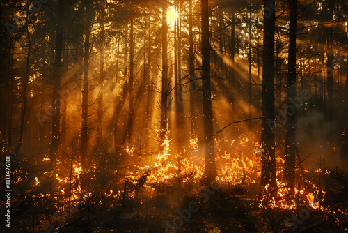 A blazing inferno illuminates the forest