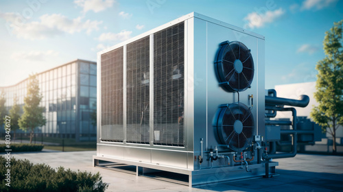 industrial heating, ventilation and air conditioning system with two fans installed outside a modern building