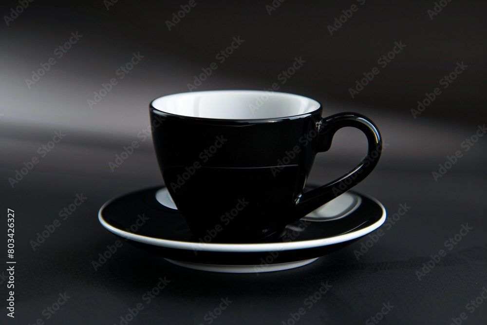 A black coffee cup on a plain white saucer. A black coffee cup on a plain white saucer.