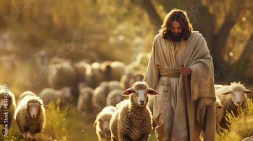 Serene depiction of a bearded man in historical robe tending sheep in a sunlit field. photo