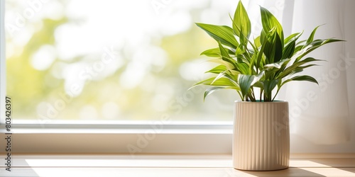 Home house plant flower in vase on window stand. Many sun light indoor deocration interior cozu design scene