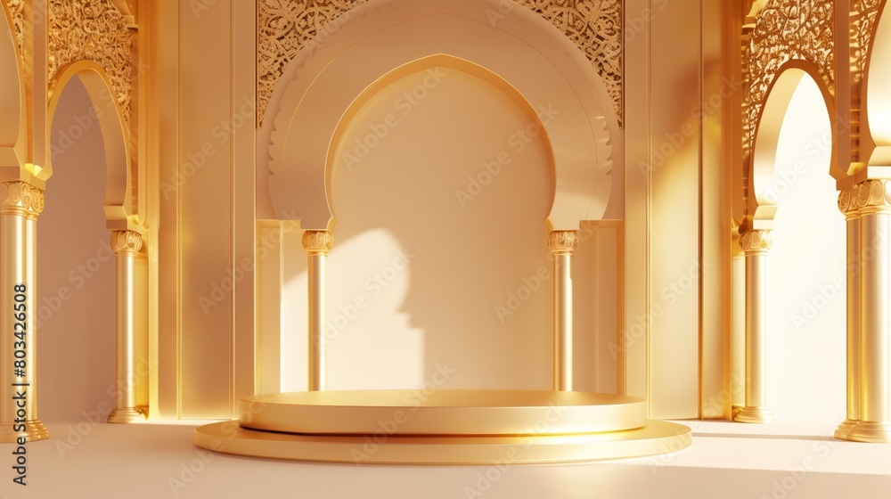 Elegant golden architectural interior with Islamic ornate arches and a shadow of a person on a platform.