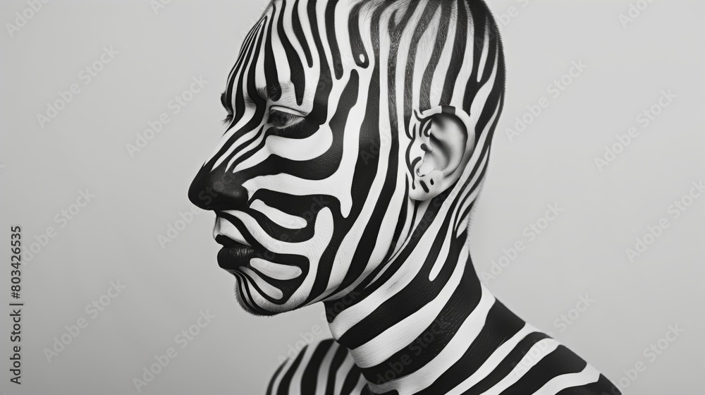 A detailed portrait of a person with their face and body painted in zebra stripes against a gray background. A detailed portrait of a person with their face and body painted in zebra stripes against a gray background.
