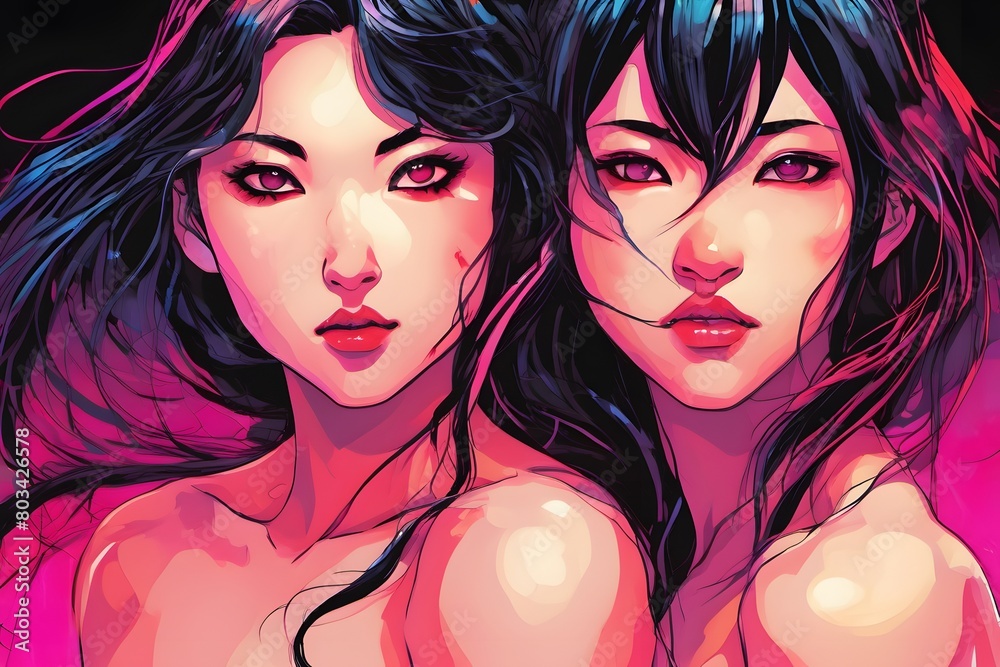 Obraz premium An enchanting cartoon depicts two women, their bodies intertwined in a passionate embrace. Vibrant colors and whimsical details create a dreamlike, romantic atmosphere.