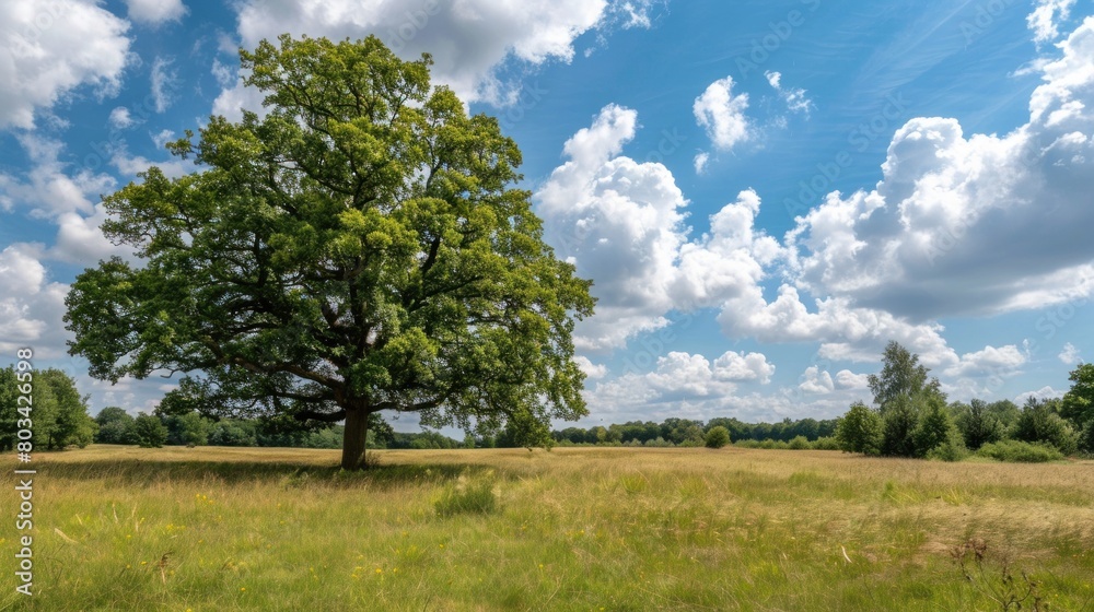 Lonely green oak tree in forest meadow