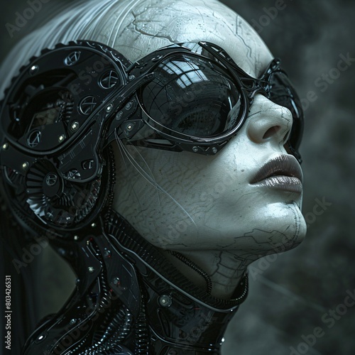surreal portrait of a female cyborg with sunglasses