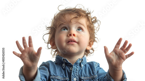Curious baby boy exploring with chubby hands isolated on transparent background. 